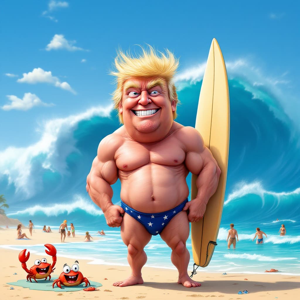 AI generated:  a humorous, exaggerated caricature of Donald Trump. His face has oversized, intense eyes with one e...