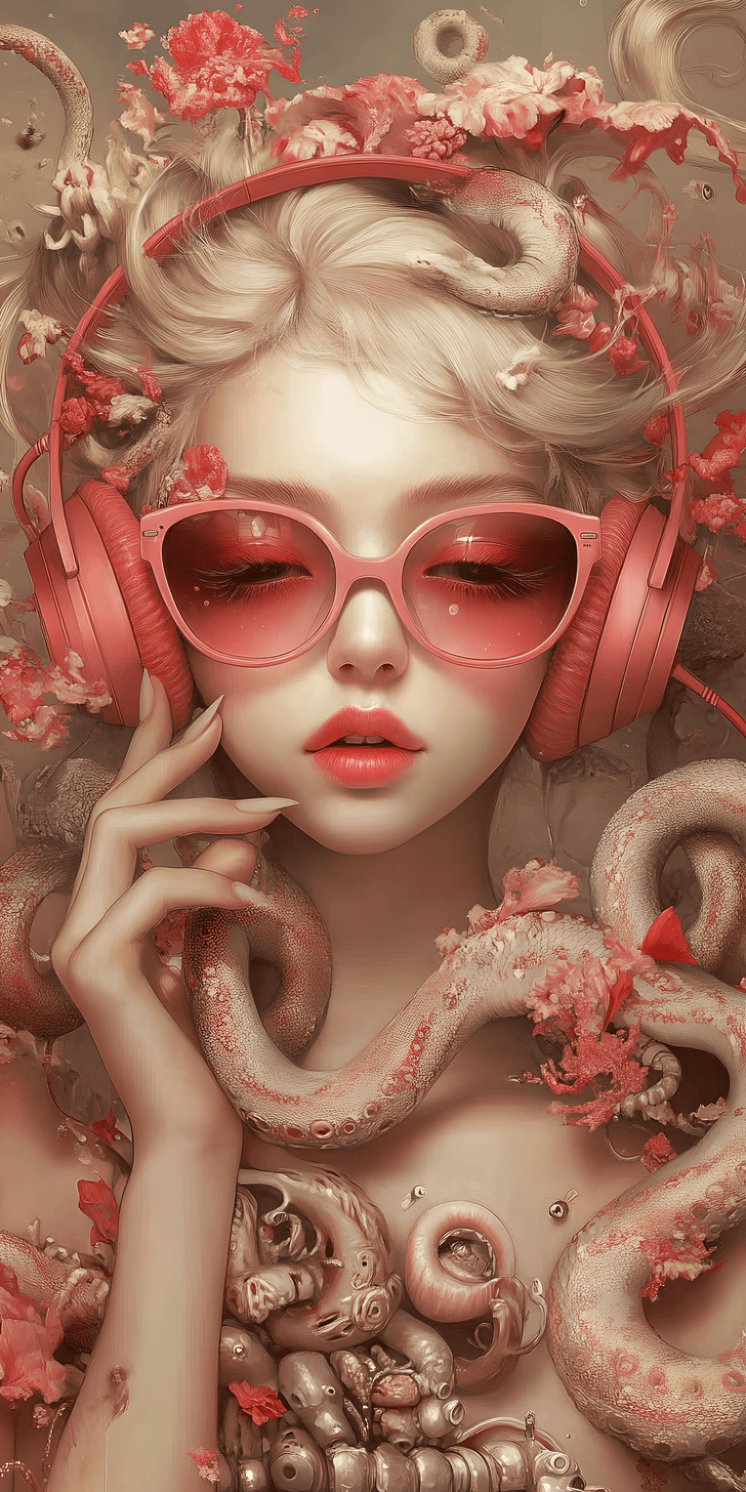 AI generated: Medusa wearing pink sunglasses and headphones, --chaos 5 --ar 1:2 --v 6.1