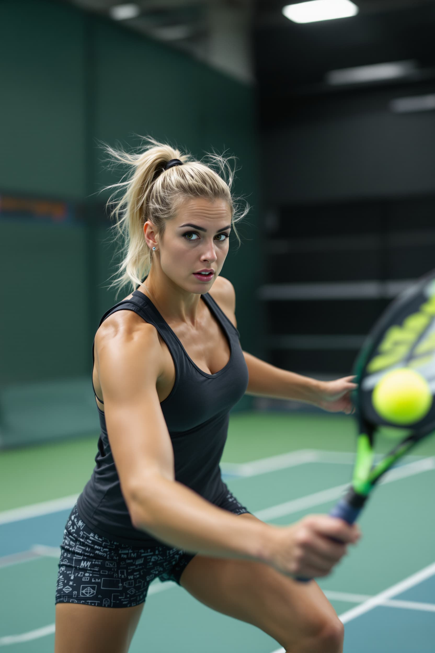 AI generated: A beautiful 30-year-old blonde woman, hair in a ponytail, playing padel ball in an indoor padel cour...