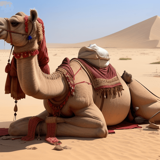 AI generated: A camel has severed its front leg from knee, and bleeding from its knee.