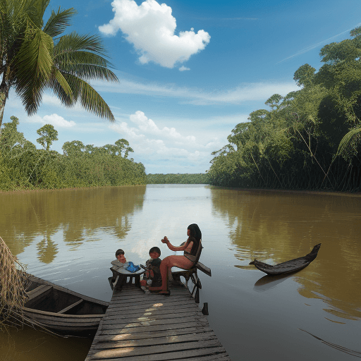 AI generated: hermoso día en el río amazonas, día perfecto para que una familia vaya a las orillas del río a beber...