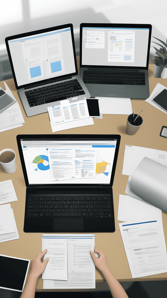 AI generated: computer screen, 20 tabs open on it, 5 large paper folders with documents next to the computer on th...
