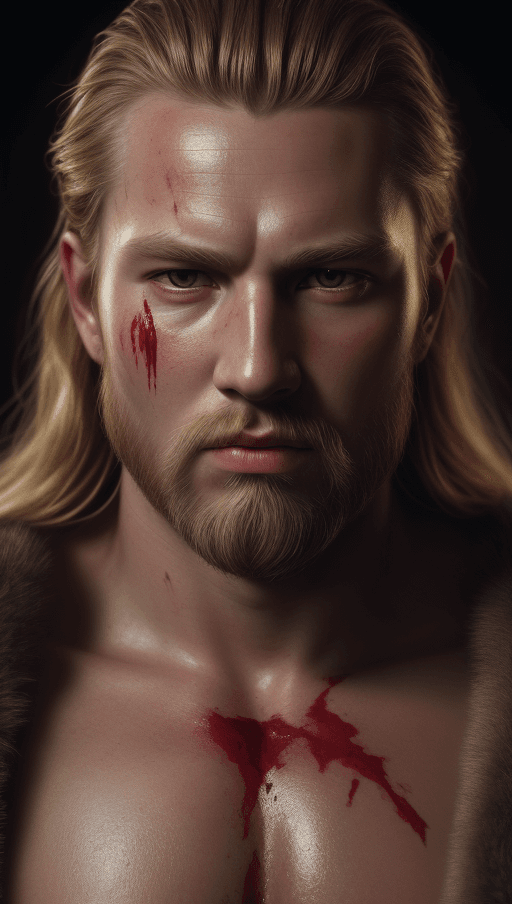 AI generated: close-up photo of handsome viking king in a fight, blood on his face RAW photo, masterpiece, The Cin...