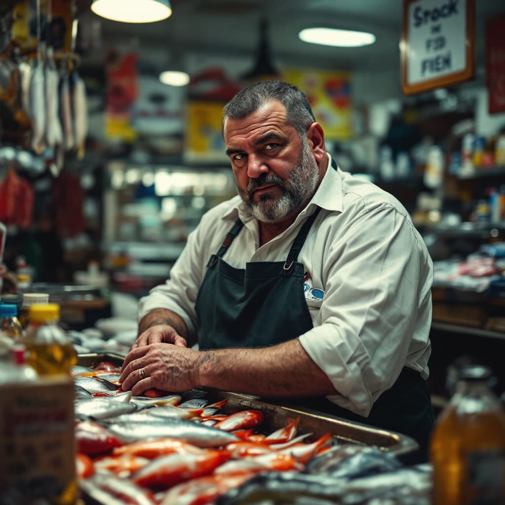 AI generated: make me a Tony Soprano clan who buys fish in a fish store