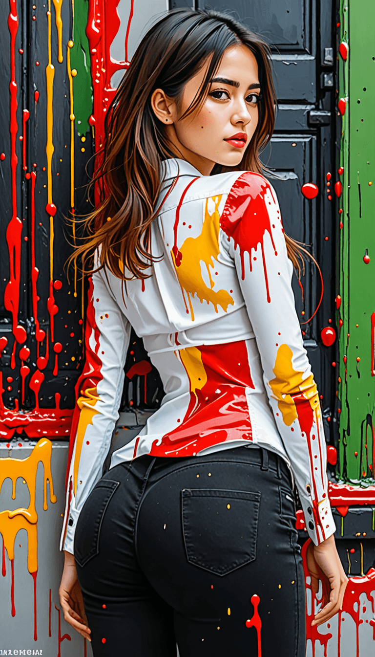 AI generated: Dripping Paint Splatter Art, white denim shirt and black jeans, with a beautiful asymmetrical cut st...
