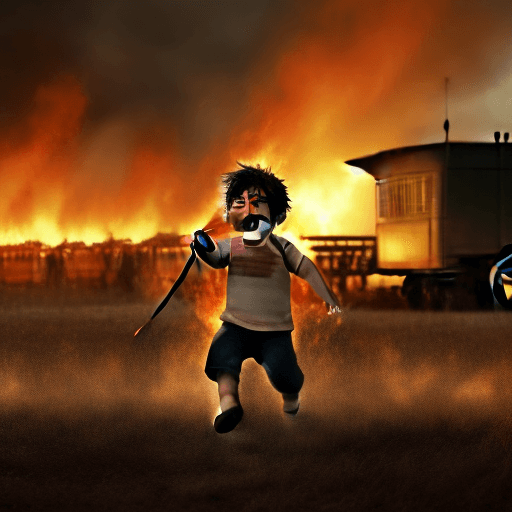 AI generated: Photo of a ultra realistic crying little boy getting chased by angry farmers with pitchforks, tracto...