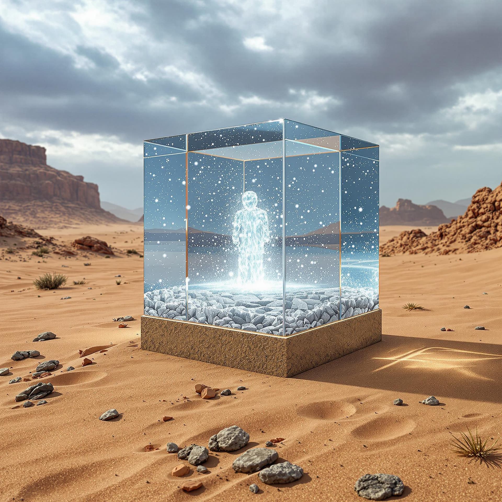 AI generated: snow globe shaped like a cube , on the desert floor, there is a monsoon inside