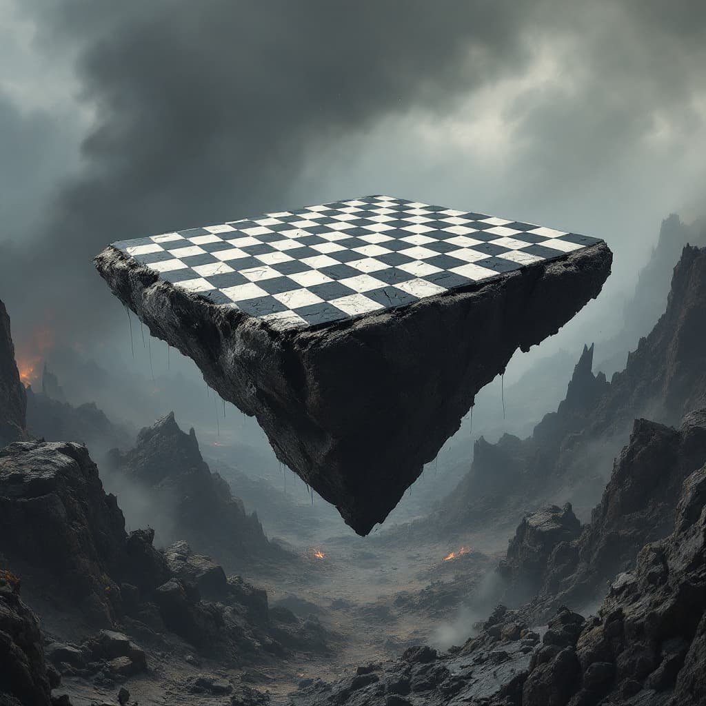 AI generated: huge piece of broken ground with a flat top black and white checkered platform pattern is floating h...