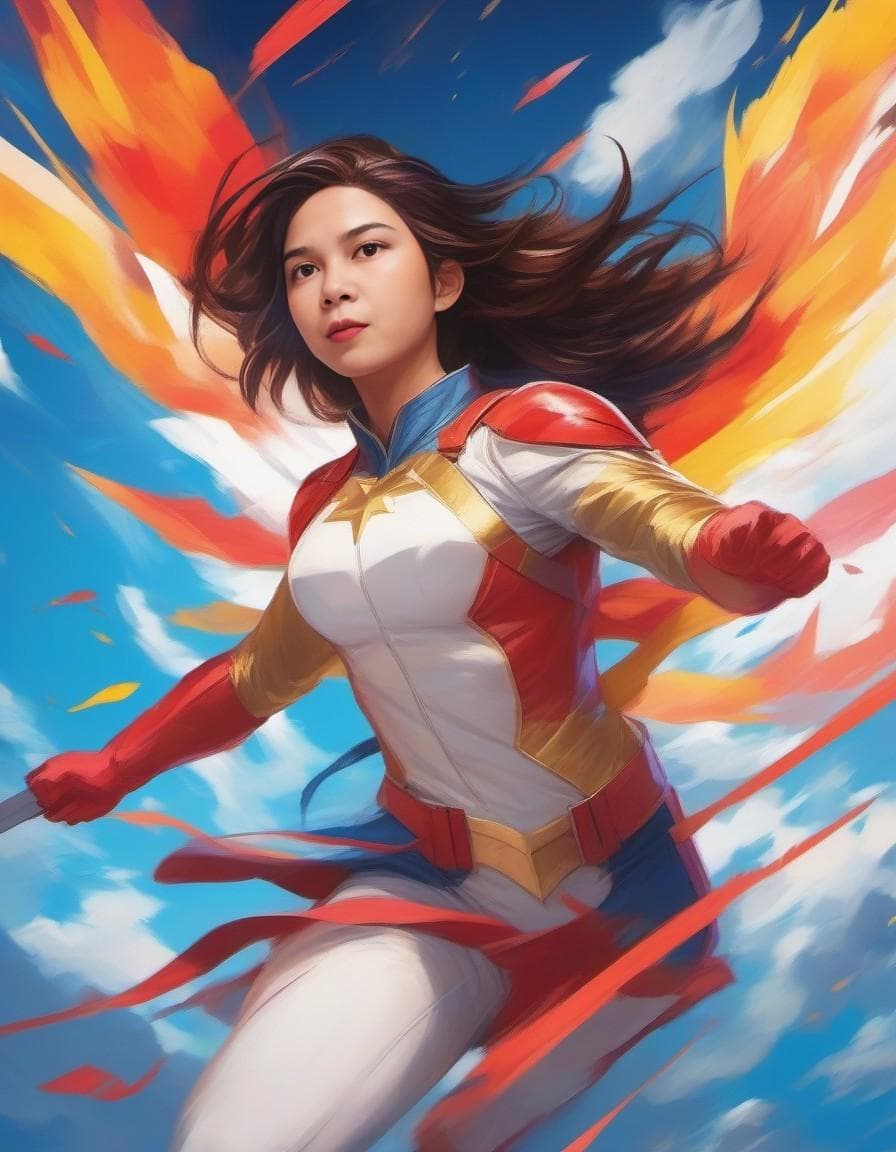 AI generated: In a vibrant and dynamic anime style, depict a fierce and empowered female superhero soaring through...