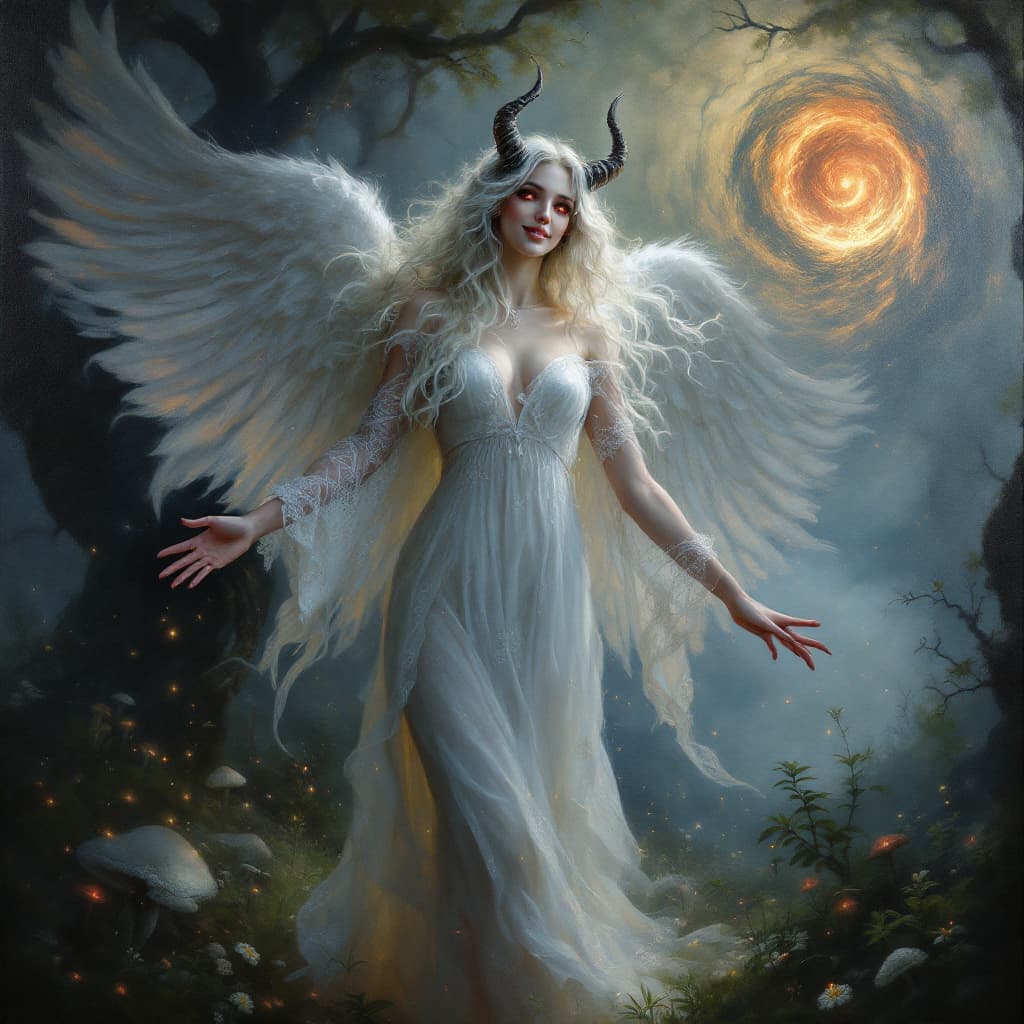 AI generated: A hauntingly beautiful masterpiece oil painting blending ethereal grace with hidden darkness. In the...