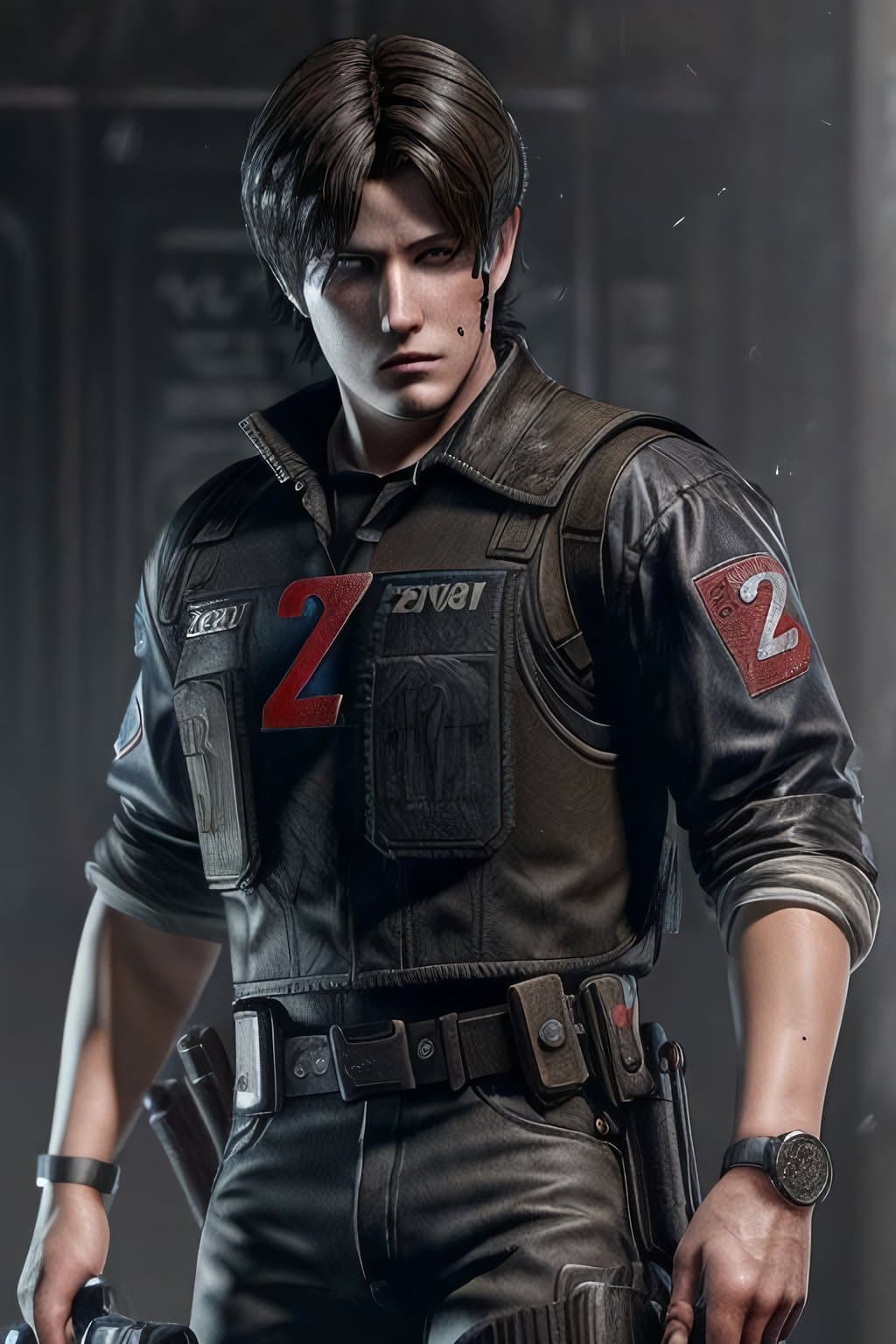 AI generated: 1boy, cowboy shot of (Resident Evil 2 leon:1.3), police uniform, bulletproof vest, athletic, volumet...