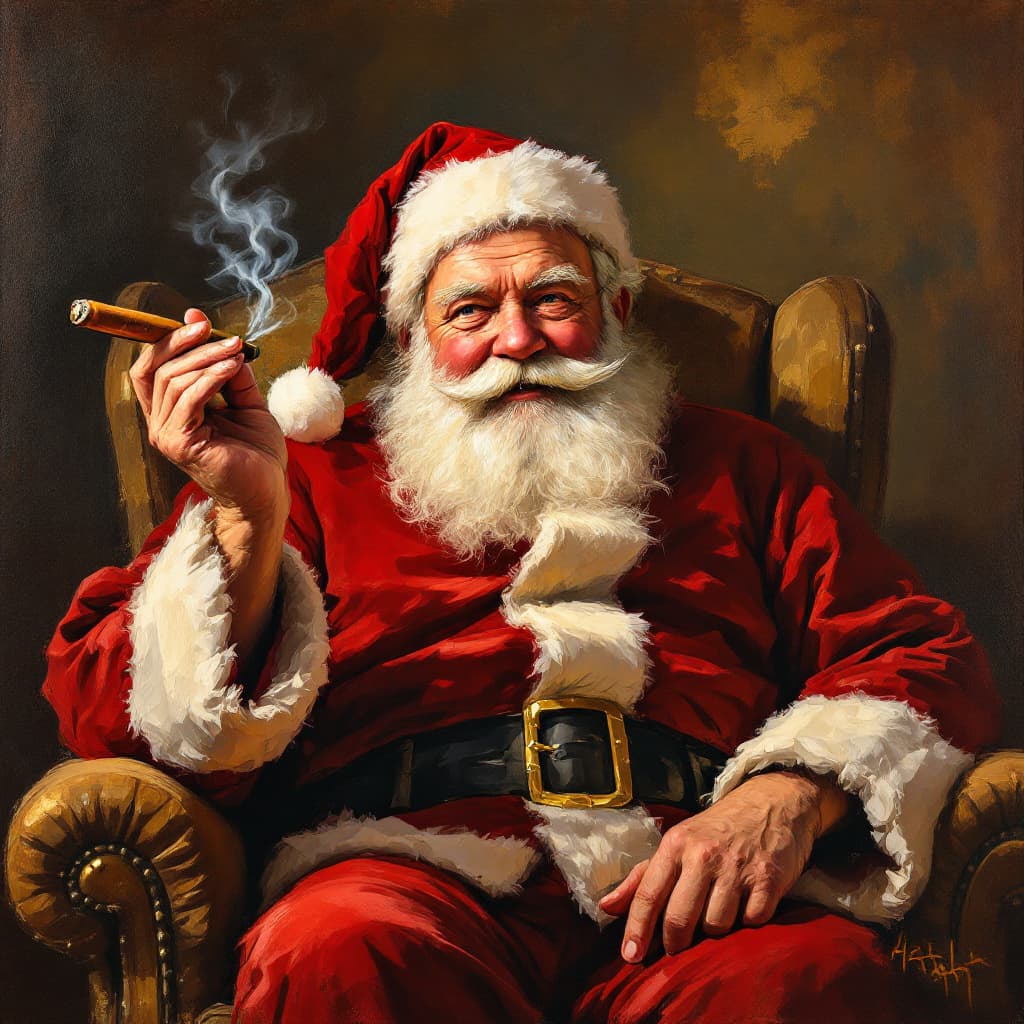 AI generated: impressionist painting on canvas of In a few spatula strokes, the human figure of Santa Claus is pai...
