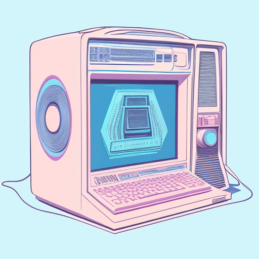 AI generated: A vintage illustration of a retro computer, vaporwave aesthetic, in the style of Jim Steranko, light...
