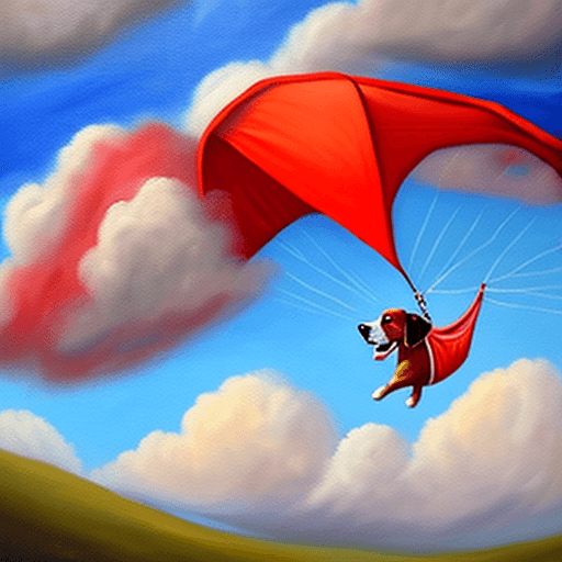 AI generated: Falling happy dog attached to a red parachute amidst sunny clouds.
Style: oil painting
