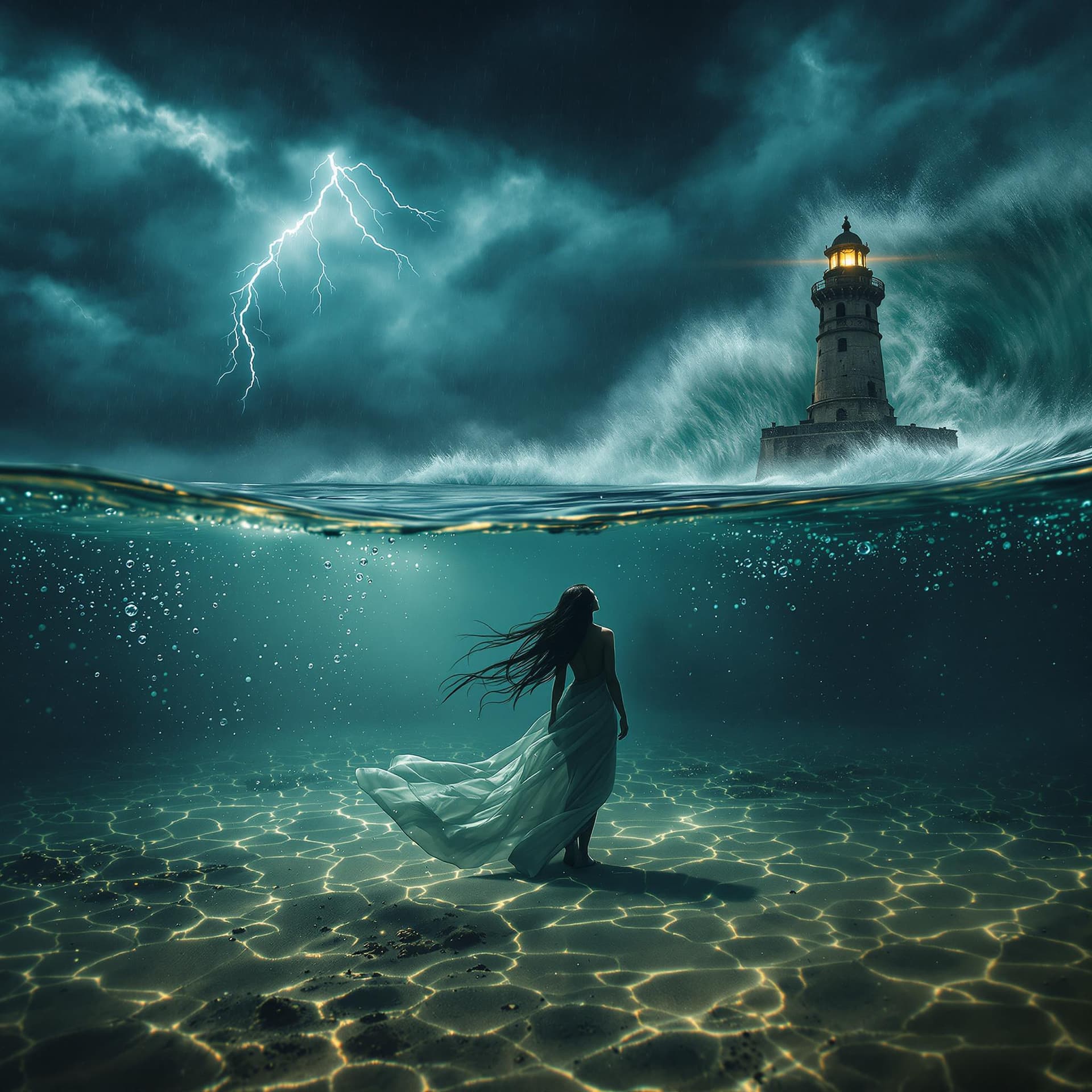 AI generated: A cinematic split-frame composition where the lens is half-submerged underwater. Half of the body is...