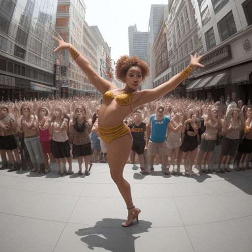 AI generated: Full-body shot, A street performer captivating a crowd with their mesmerizing dance routine, capture...