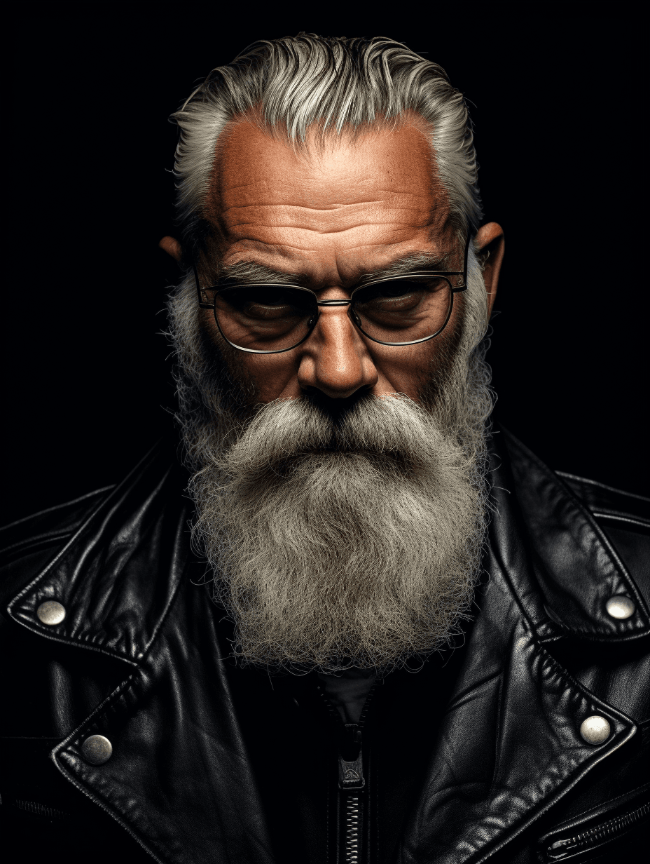 AI generated: ((RAW, analogue style)) portrait of a handsome old man in leather clothes, waering eyeglasses, white...