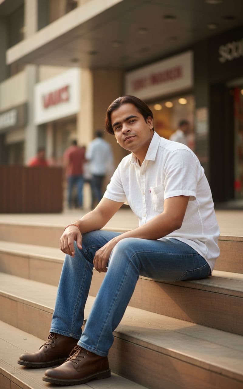 AI generated: Outdoor street-portrait in New Friends Colony CC Market, New Delhi.



A stylish young man (use ...