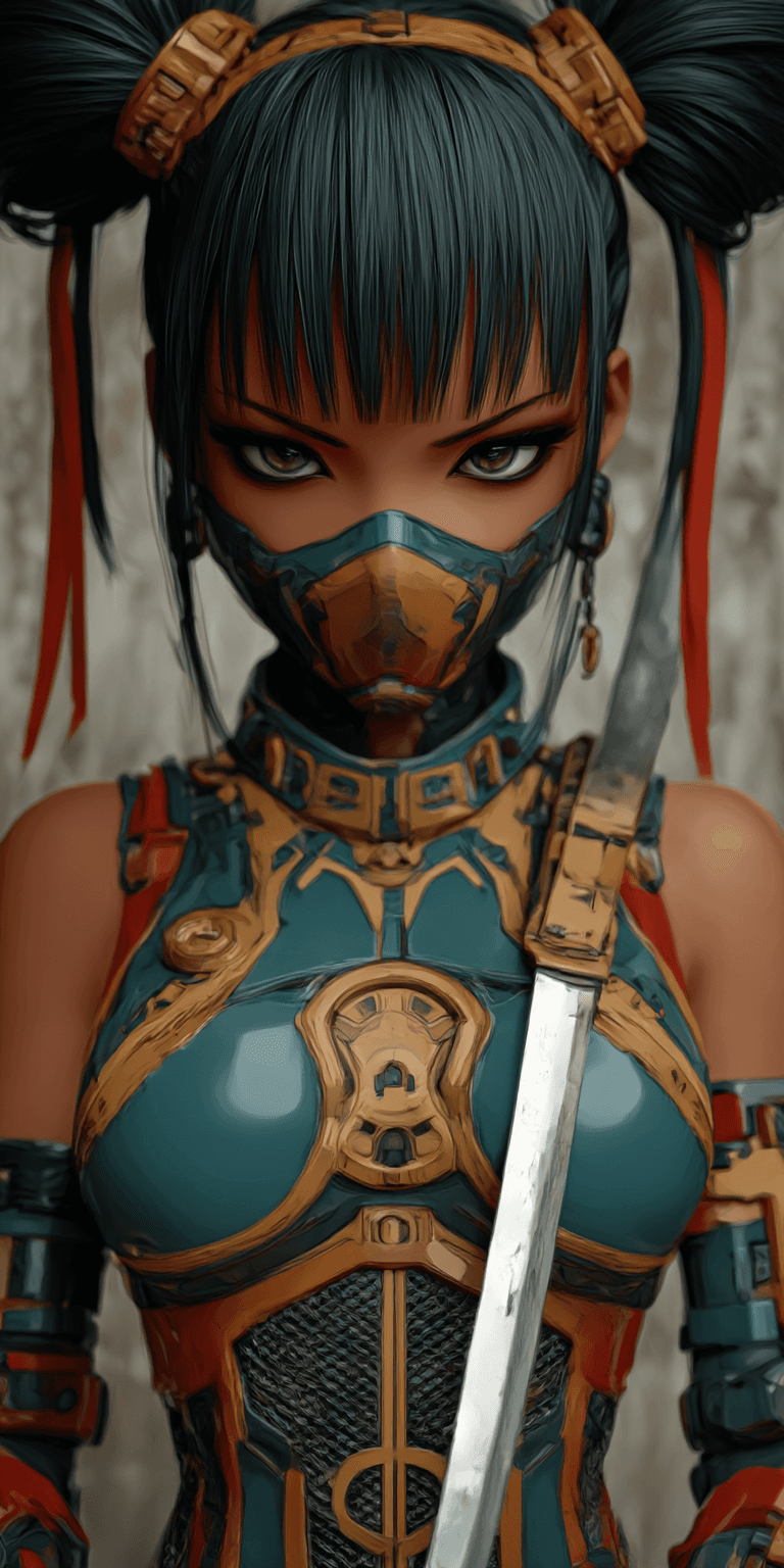 AI generated: A captivating portrait of a young Asian woman, mid-shot, embodying a futuristic warrior aesthetic. S...