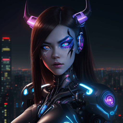 AI generated: A female cyborg demon, neon, tokyo skyline, bokeh, dark brown hair, blue eyes, symmetrical eyes| cen...
