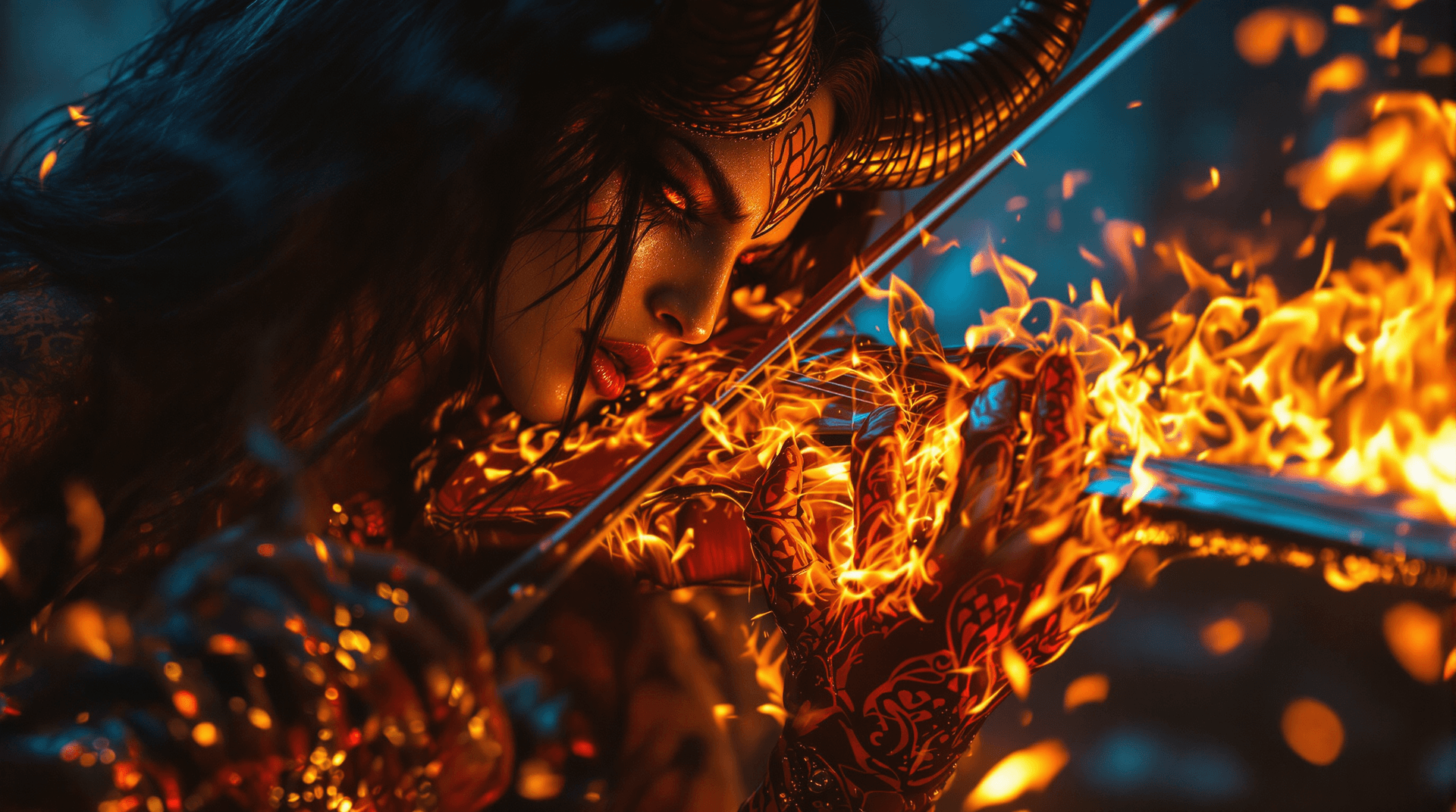 AI generated: A centered close-up shot focusing on the demonic musician's hands on the violin fingerboard, reminis...