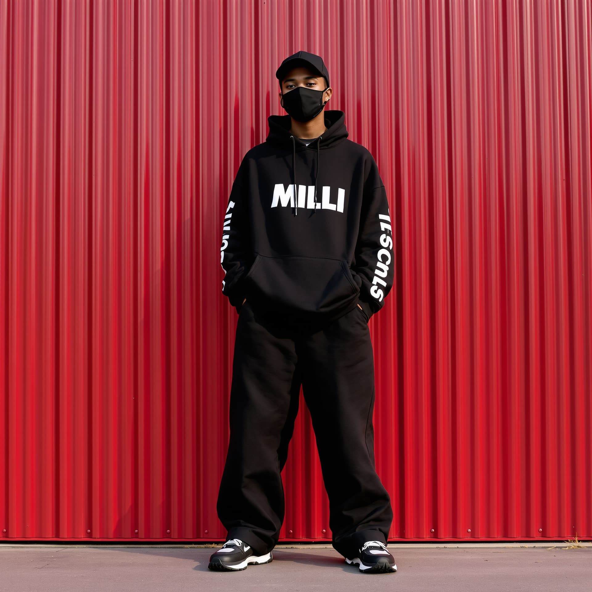 AI generated: WEARING. A FACE MASK , BLACK OS STYLE capturing a casual yet stylish vibe, a figure in a loose, over...