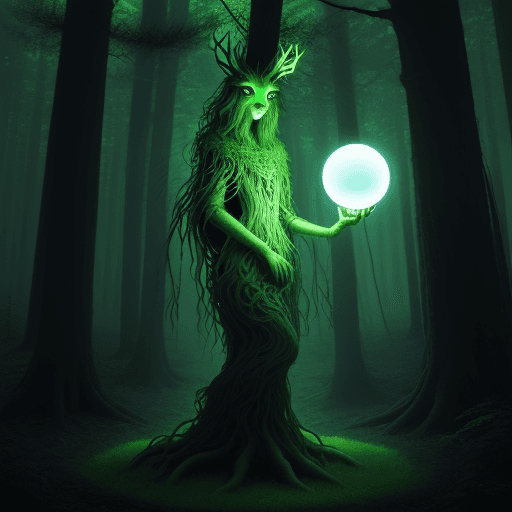AI generated: A surreal forest guardian , holding a glowing orb --ar 9:16