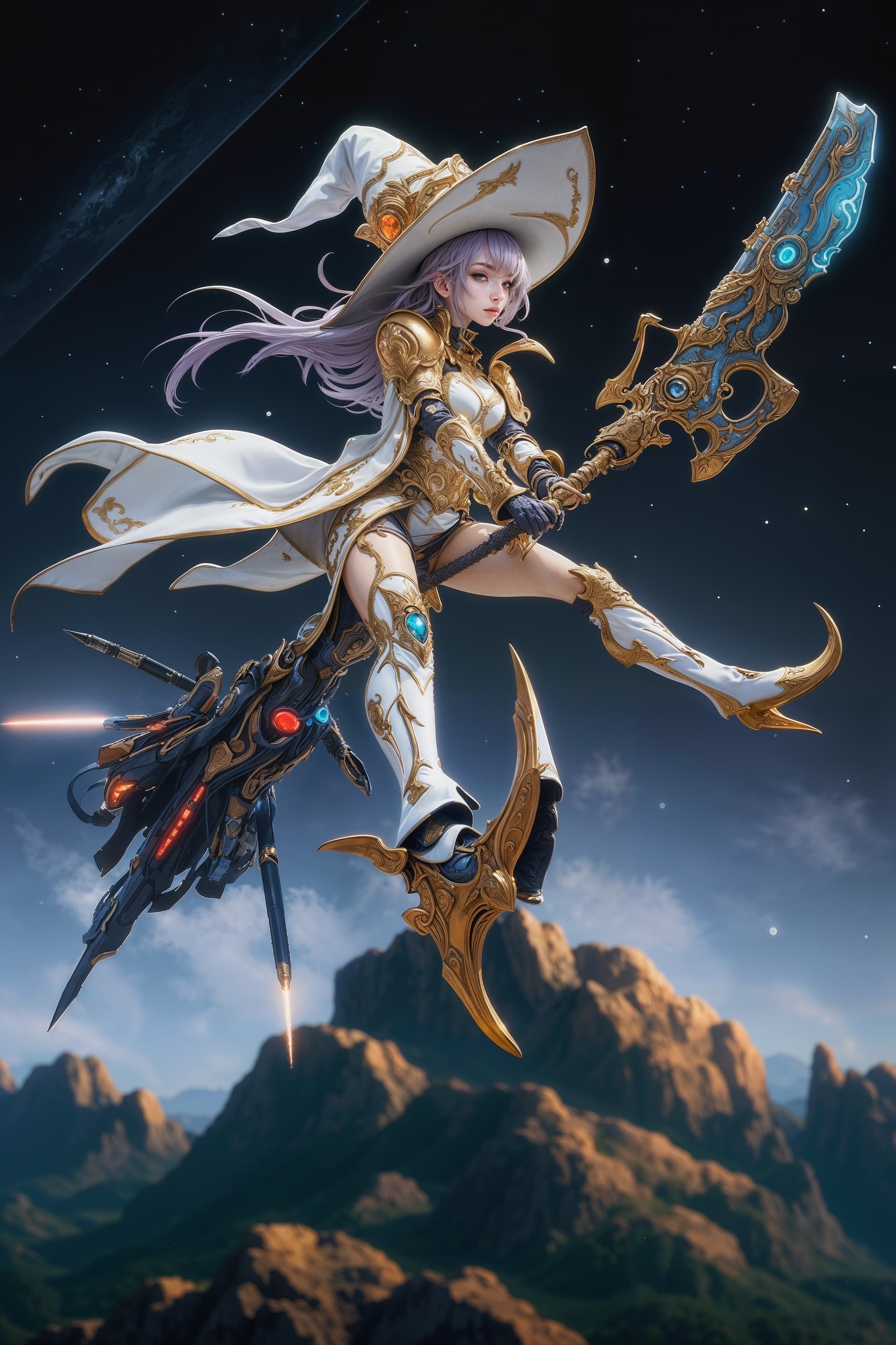 AI generated: A full body photo shot of a beautiful cyberpunk ((witch)) wearing casual gold with white armor patte...