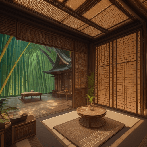 AI generated: futuristic bamboo kingdom. High resolution photography,  small windows opening onto the garden, bamb...