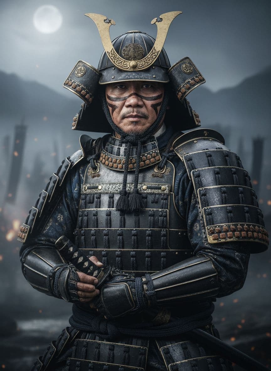 AI generated: A man (face image provided) , likely of Asian descent, wearing intricate traditional Japanese warrio...