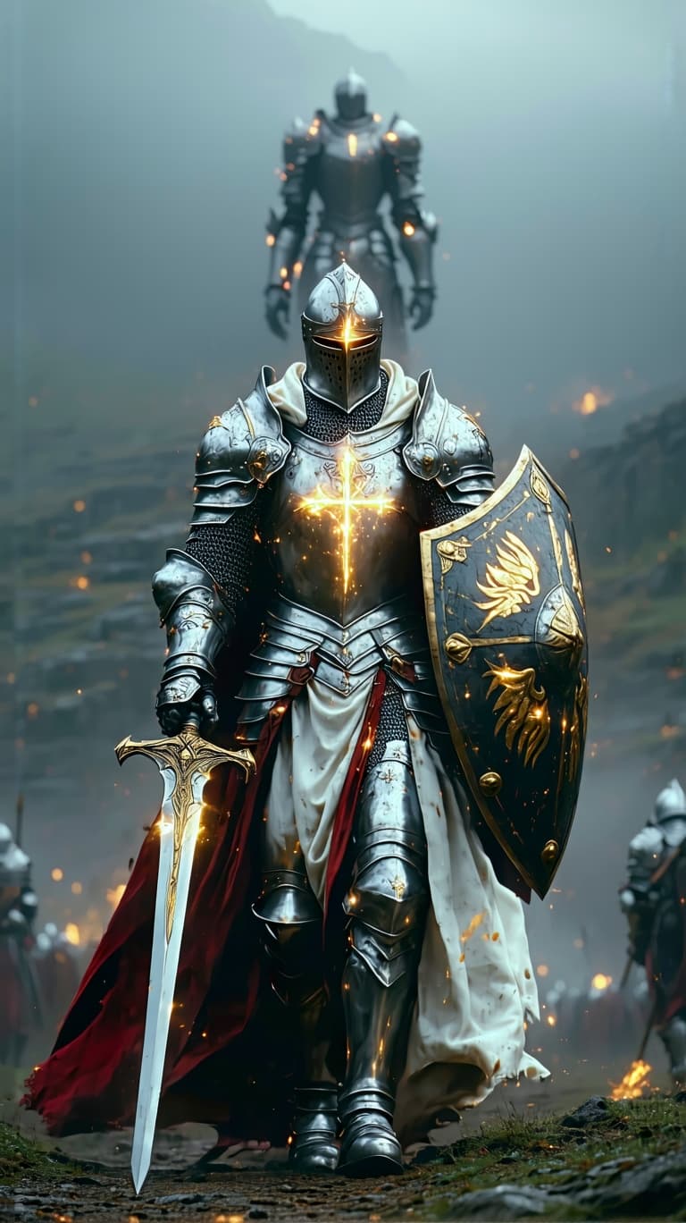 AI generated: An ultra-realistic, zoomed out, front facing, full-body portrait of a noble Paladin in gleaming silv...