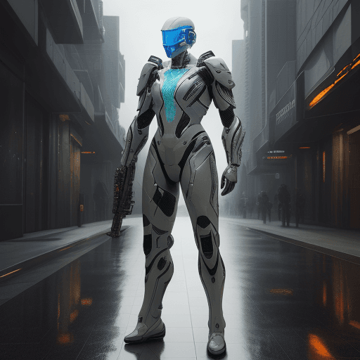 AI generated: Futuristic soldier with hi-tech armor and weaponry, holograms navigations, street, overcast, reflect...