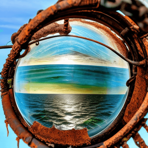 AI generated: Through the hollow globe, a ring of frayed rusty scrap iron, the sea as it shines, the road to the w...