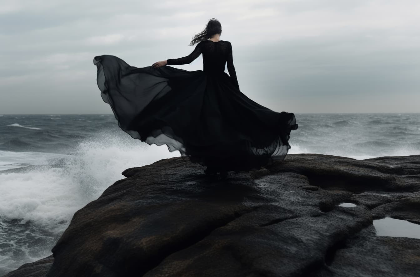 AI generated: a woman in a black dress standing on rocks near the ocean, inspired by Brooke Shaden, wisps of energ...