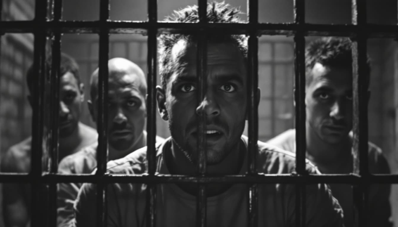 AI generated:  high definition black n white - camera shot from behind- five men behind the bars in a jail 