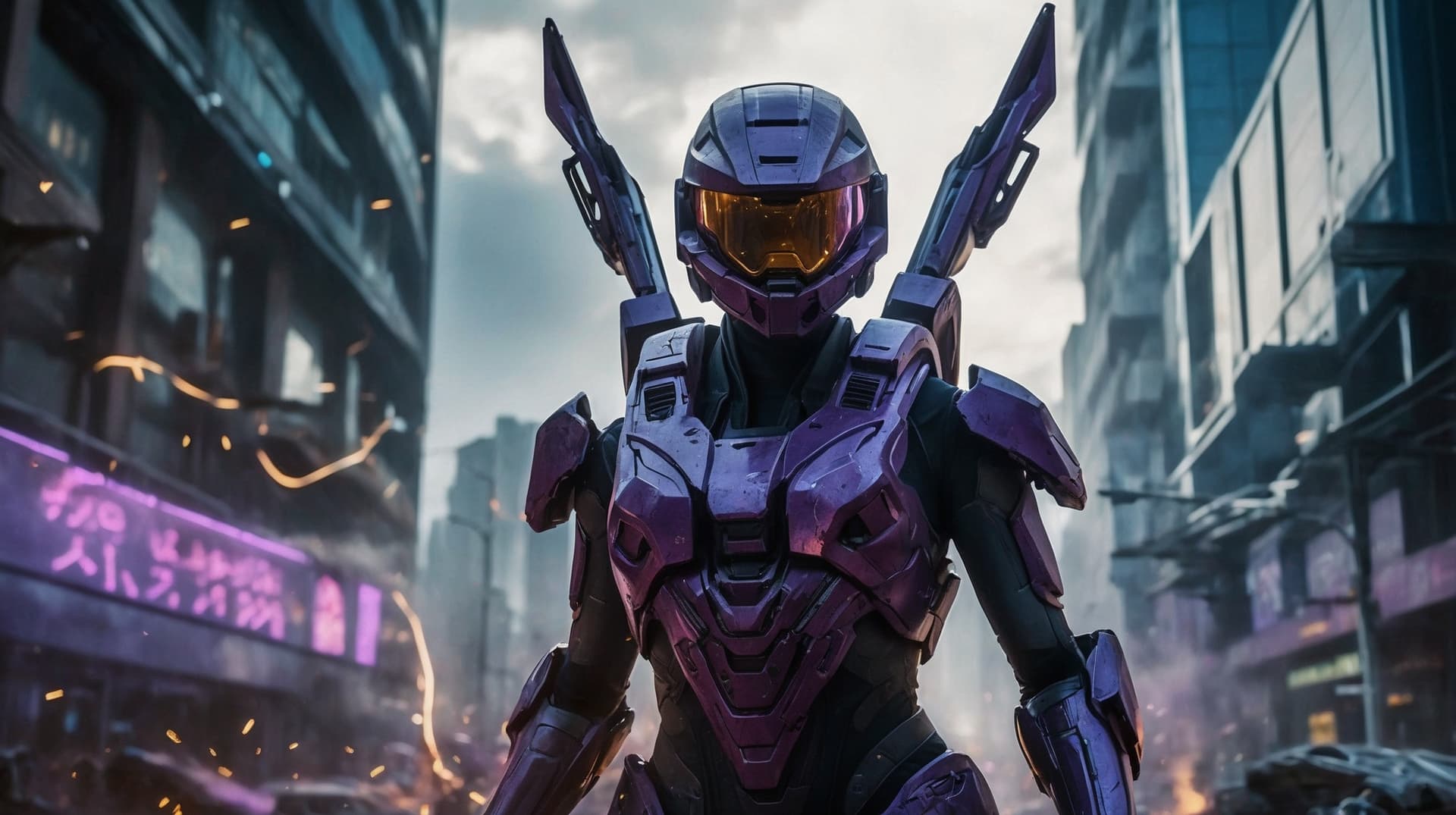 AI generated: photorealistic, detailed flying debris, a bulk female warrior in halo spartan armor fighting strongl...