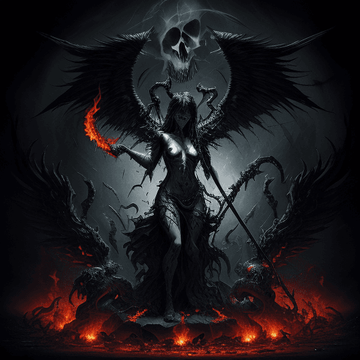 AI generated: Create scene for a music album: A beautiful Lucifer figure emerges with a flaming scythe, surrounded...