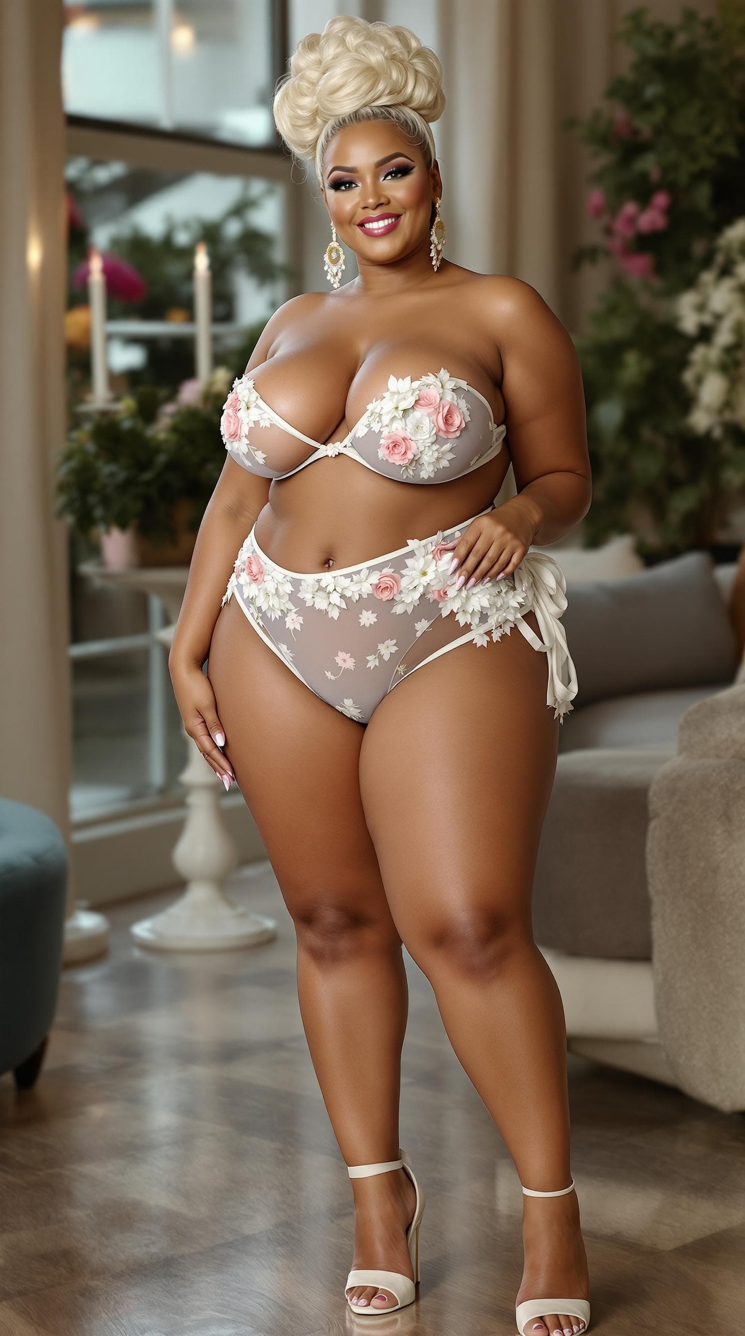 AI generated: a full side front view large puffy boobs beautiful black eyes plus size legs with high heels matched...