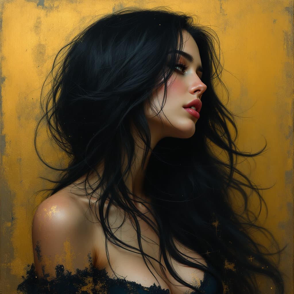AI generated: a woman with long black hair in a gold painting, in the style of charlie bowater, dark blue and dark...