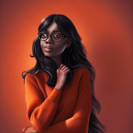 AI generated: dark brown skin tone, south  black Asian, Velma from scooby doo, very long hair wavy  portrait, oran...