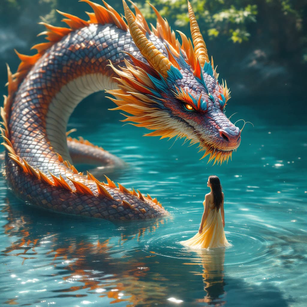 AI generated: a woman is standing in the water next to a dragon, in the style of fantasy scenes, realistic detail,...