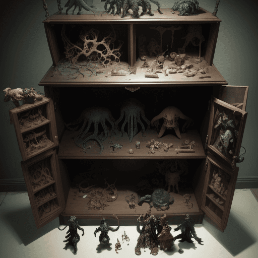 AI generated: a possessed cabinet of curiosities displaying vintage lovecraftian toys by ashley wood and phil hale...