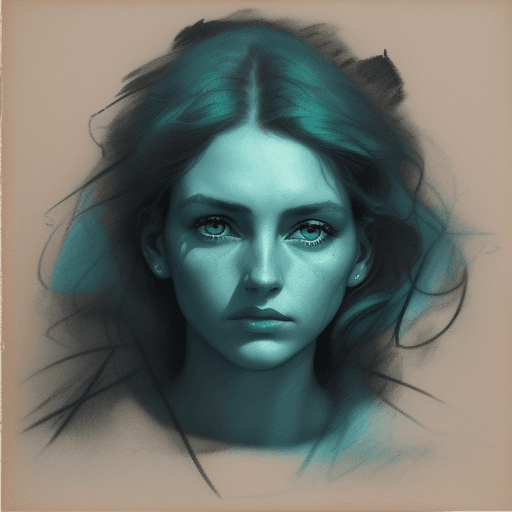 AI generated: An expressionist charcoal sketch, a stunningly beautiful woman with piercing blue-green eyes, bold, ...