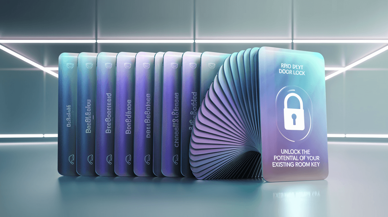 AI generated: A futuristic stack of digital key cards, neatly arranged in a perfect horizontal fan-like layout. Ea...