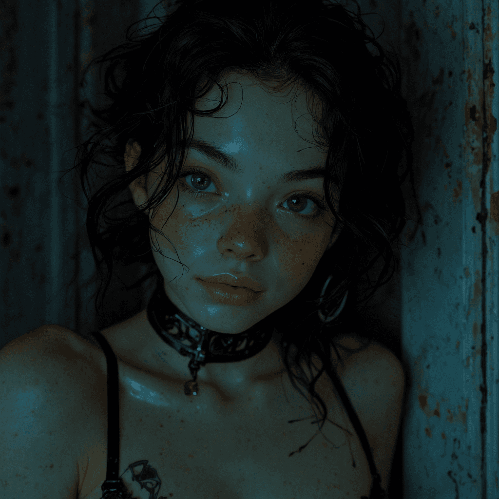 AI generated: 18year old (woman:1.1) with (dark:1.2) wavy hair is totally in a completely (dark:1.1) open room wit...