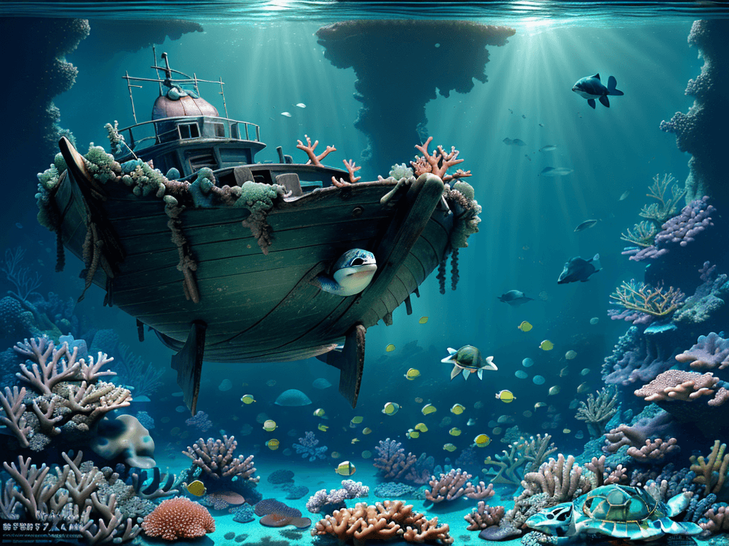 AI generated: a deeper dreamy little boat wreck, baby green turtle floating and looking at us, corals, sponges, bi...