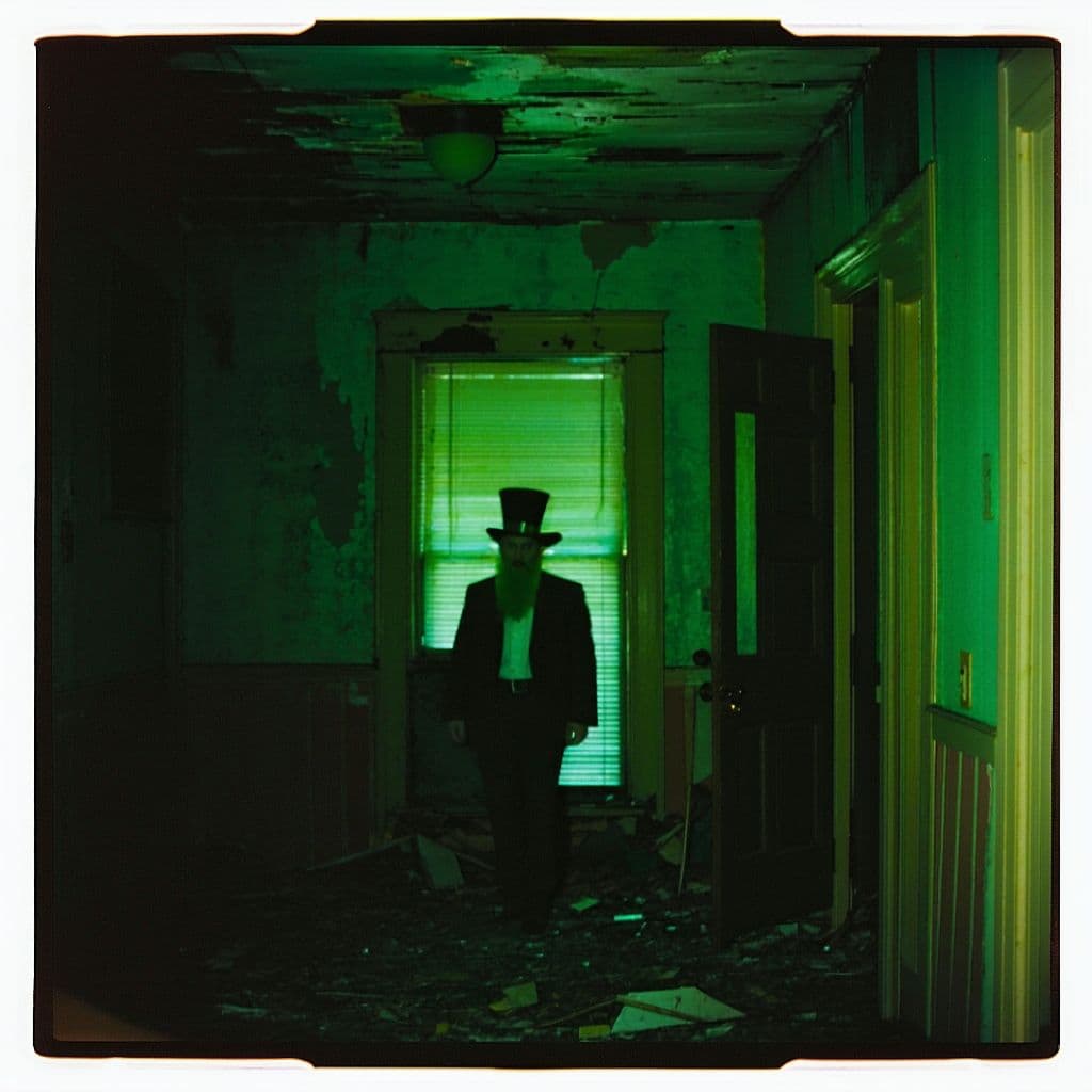 AI generated: grainy 80's photograph quality polaroid of a leprechaun caught in an abandoned house, dark, uncanny,...