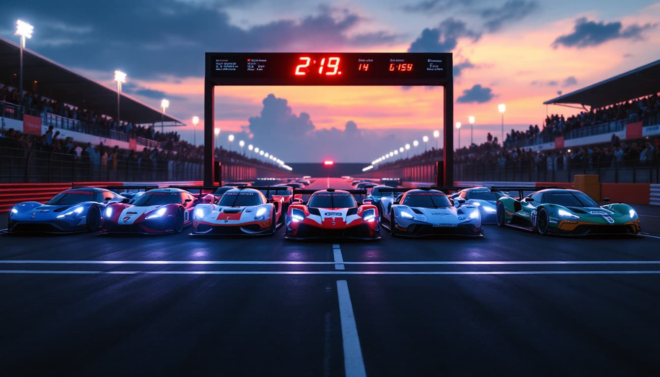 AI generated: Summer. At the beginning of the race track (a white stripe across the track), there are a few (ten) ...