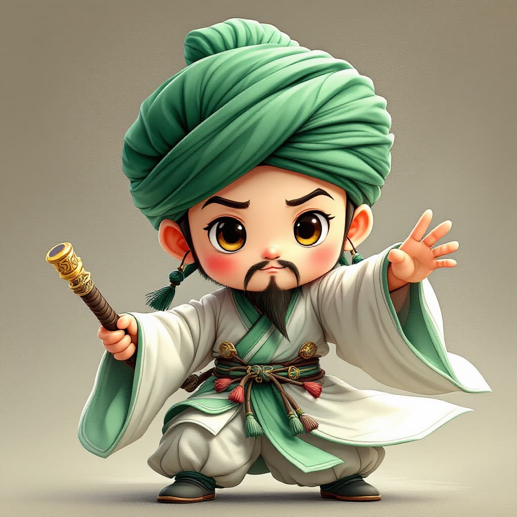 AI generated: The little Chinese Taoist priest wears a green turban and holds a long Guandao. He has a cute and ro...