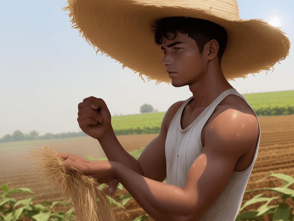 AI generated: Young man working in the fields, sweating under the hot sun.